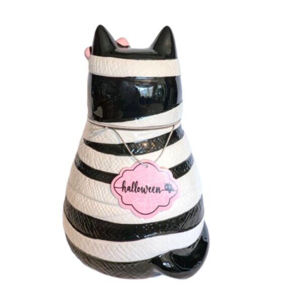 NWT Halloween White and Pink Mummy Cat Jar with Bow and Pumpkin Basket - Picture 3 of 6